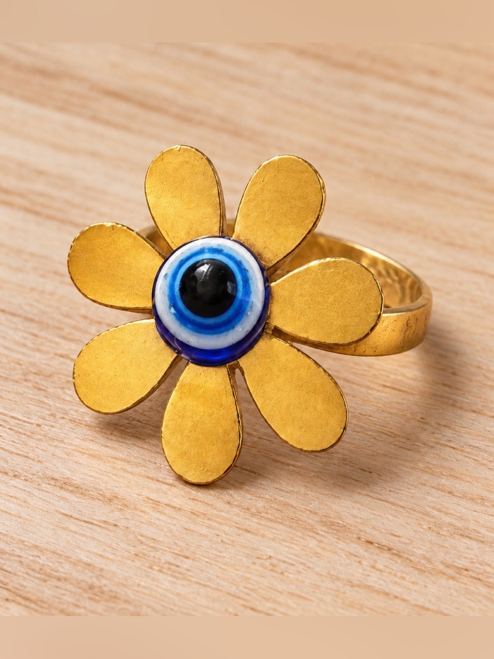 Gold Tone Flower Ring with Blue Evil Eye Center